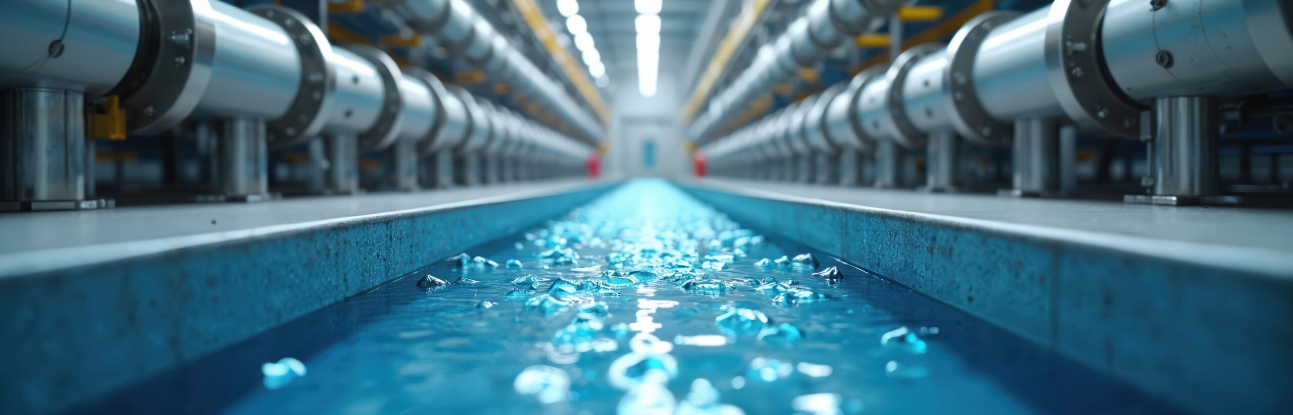 Industrial water splitting system produces hydrogen and oxygen. metal pipes and tanks form part of clean energy production process. blue liquid flows through channel for future power generation.