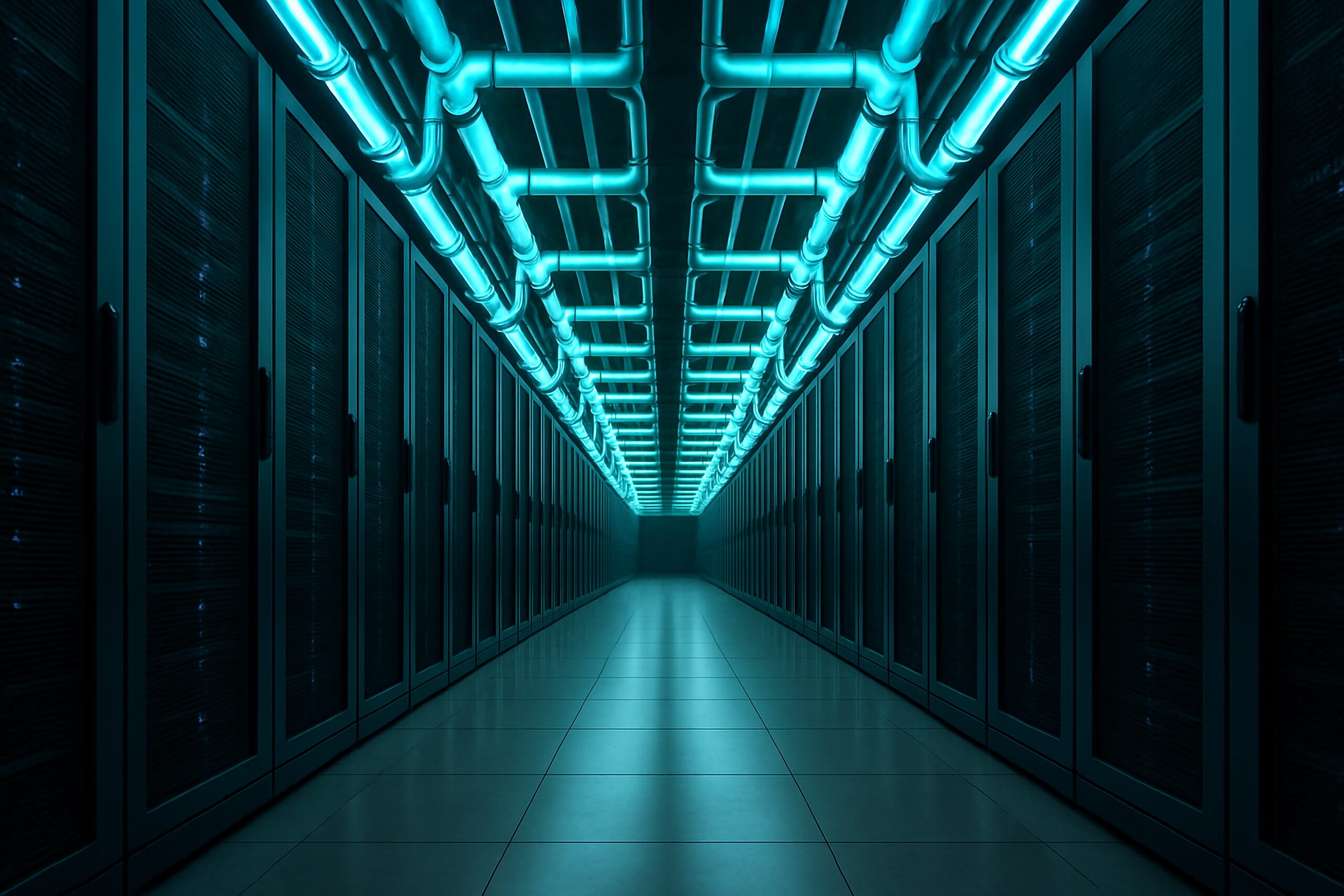 Liquid cooling in a futuristic data center hallway with glowing blue pipes.