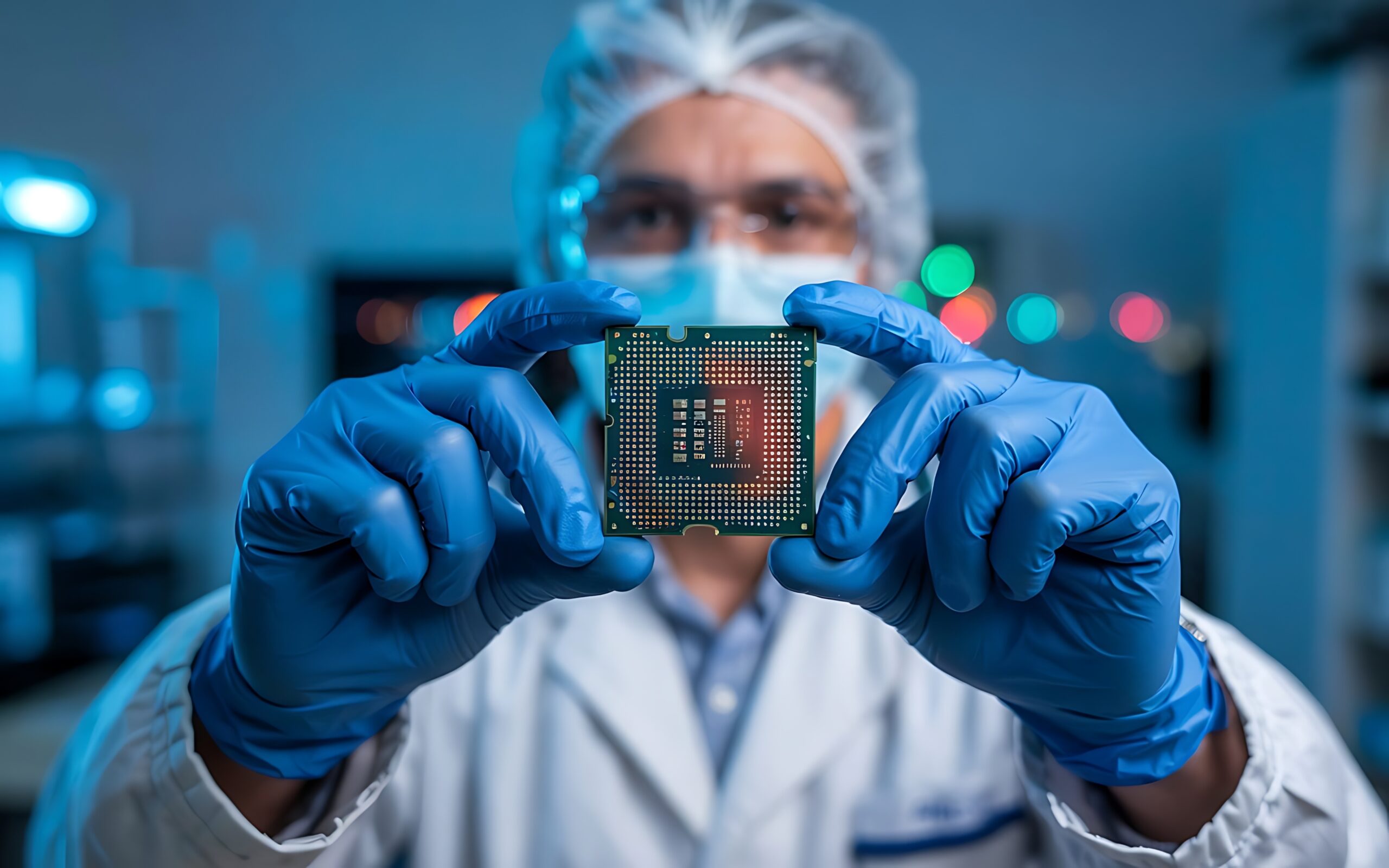 Technician examining a high tech microchip in a clean room